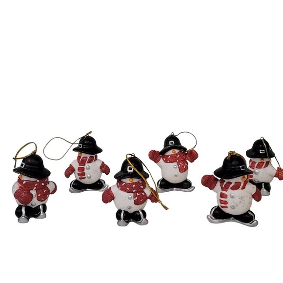 lot of 6 skating snowman ceramic Christmas ornaments wearing scarf, mittons, hat - Picture 3 of 5